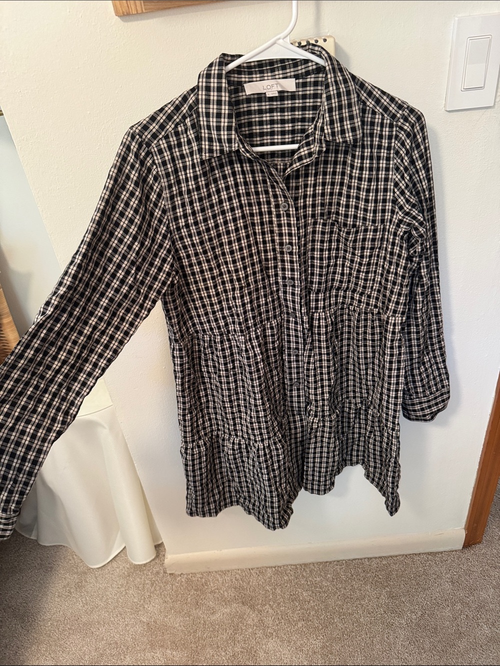 LOFT Black and White Plaid Button-Down Tunic Dress